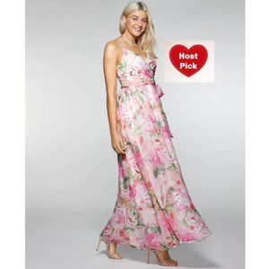 Pink Dress Belted Floral Spaghetti Strap V Neck - Size 3 Maxi